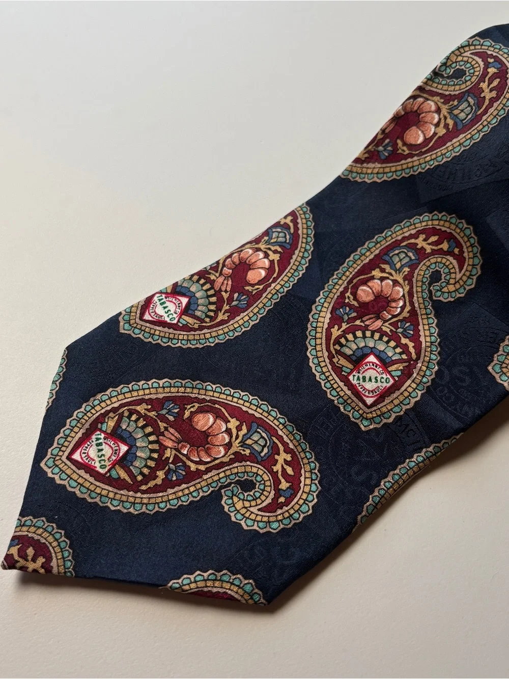 Vintage Tabasco Silk Tie Blue Paisley Shrimp Novelty Necktie Made in USA 3.75